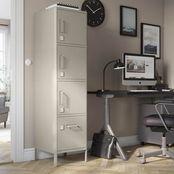 IDÅSEN storage cabinet in modern home office, four drawers, memo board.