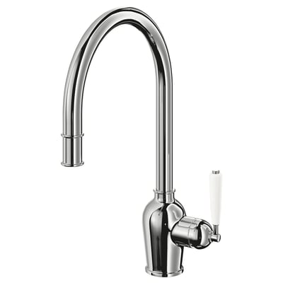 INSJÖN chrome tap, sleek curved spout, white handle, chrome-finished zinc.