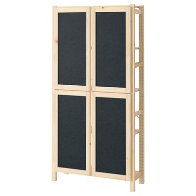 IVAR pine wood storage unit with dark grey felt doors. Closed, rectangular shelves.