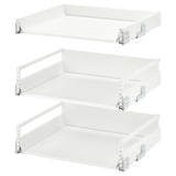 Three white JÄRNBODA kitchen drawers with full-extension design and metal runners.