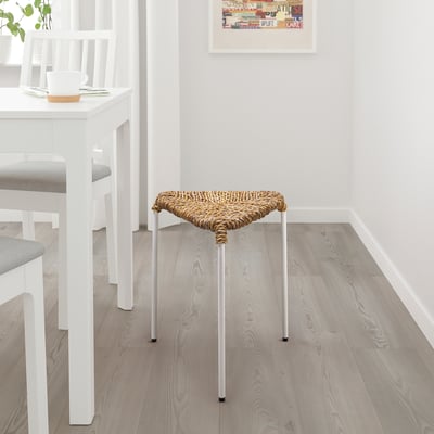 JUTEBODA stool: natural, 3-legged, triangular seat. Lightweight, durable. Ideal extra seating.
