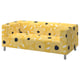 Bright yellow patterned KLIPPAN 2-seat sofa, with dots and lines on fabric, steel legs.