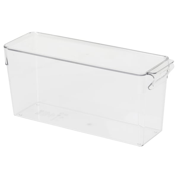 Clear plastic storage box with lid, rectangular shape, built-in handle, and transparent body for organising fridge contents.