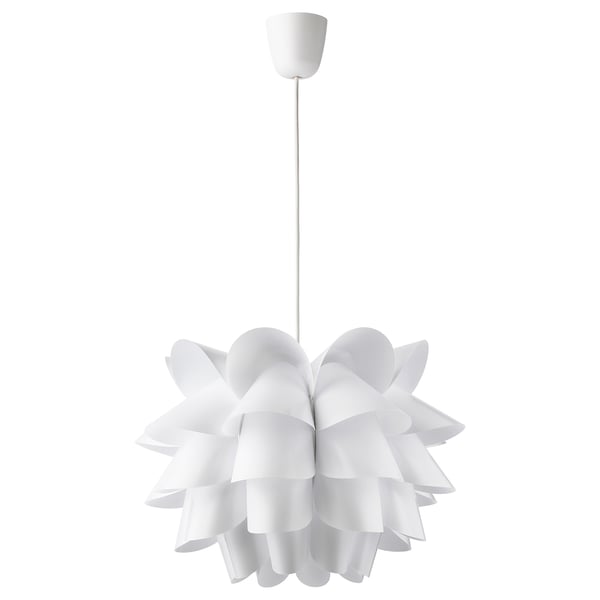 A KNAPPA pendant lamp. It is white, made of recycled polypropylene, featuring a floral design. The lamp hangs from a cord.
