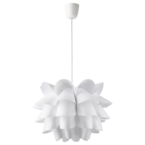 A KNAPPA pendant lamp. It is white, made of recycled polypropylene, featuring a floral design. The lamp hangs from a cord.
