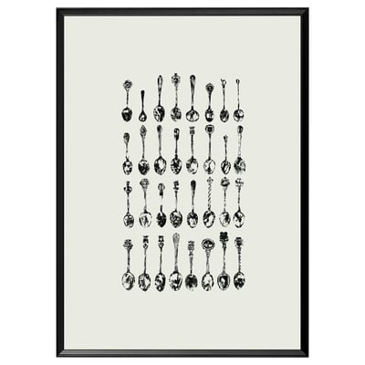 KNOPPÄNG picture frame with black border, featuring 4 rows of vintage black and white spoons, each in different designs.