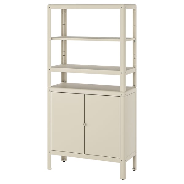 A KOLBJÖRN storage unit in white, featuring open shelves and a cabinet, perfect for organising tools or plants.