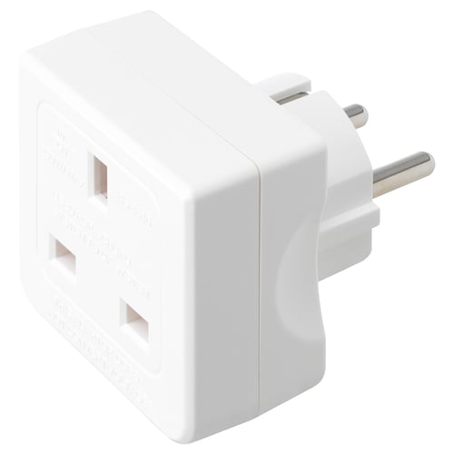 KOPPLA white power plug adapter, compact design, two usb ports, brass pins, polycarbonate plastic base.