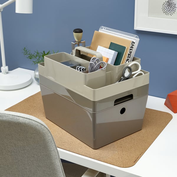 KUGGIS box, beige, plastic, rectangular, organises desk items. Fits well with other office supplies.