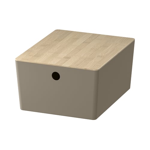 KUGGIS storage box, beige, bamboo lid, recycled pet, square shape, simple design.