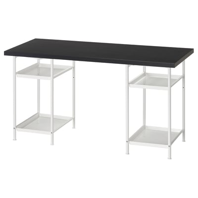 LAGKAPTEN desk: black top, white metal legs, 2 storage shelves.