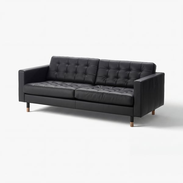 Black leather sofa, tufted cushions, wooden legs, sleek mid-century design.