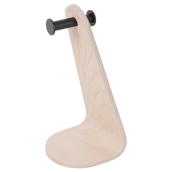 LÅNESPELARE headset stand, light wood, black accents, curved, wall mount.