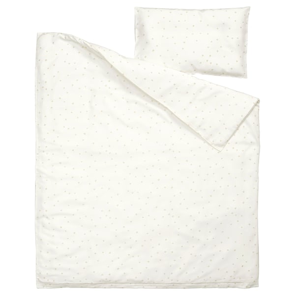 LEN Duvet cover 1 pillowcase for cot, white beige/dot pattern, 110x125/35x55 cm