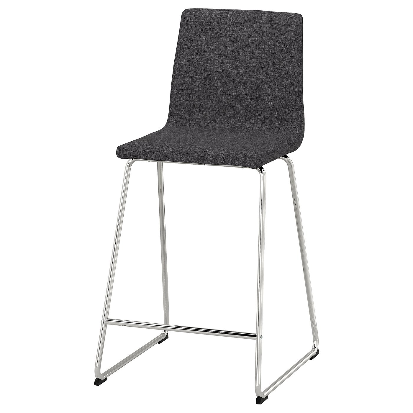 LILLÅNÄS grey bar stool, modern design, chrome legs, padded seat, high back, footrest.