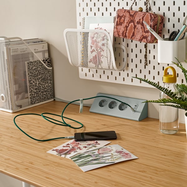 Organised workspace: desk with charging phone, plant, and storage.