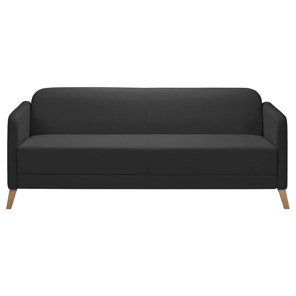 Modern black fabric sofa with clean lines and wooden legs.