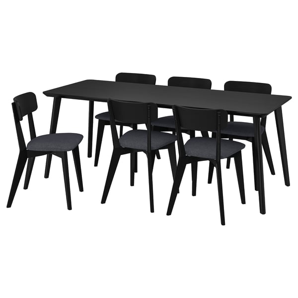 Black LISABO dining set with rectangular table and six padded chairs. Modern minimalist design, combining ash veneer and solid birch wood.
