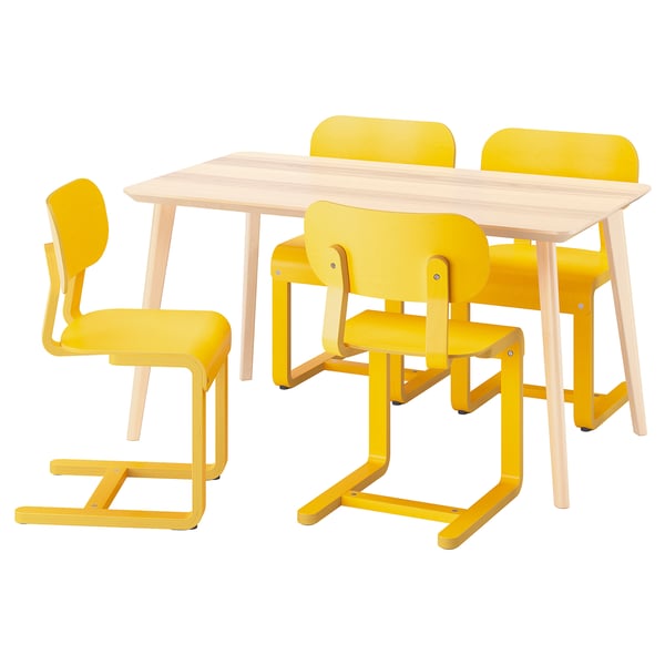 Yellow kids table & 4 chairs - wood, simple, space-saving