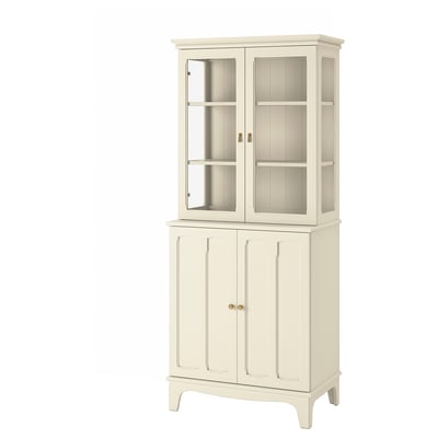 Cream cabinet with glass doors, stylish & functional storage.
