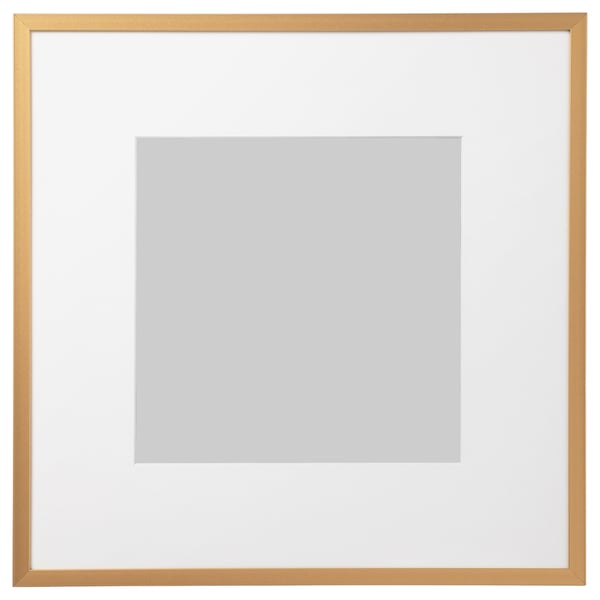 Gold LOMVIKEN picture frame, square, thin metal edge, plastic front, safe, ph-neutral mat, easy hang.