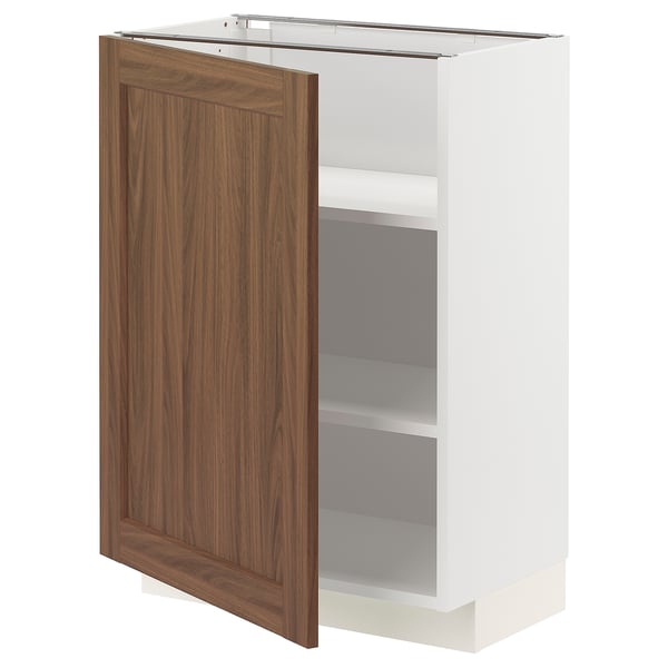 METOD kitchen cabinet with walnut-colored door and white frame, adjustable shelves, rectangular shape.