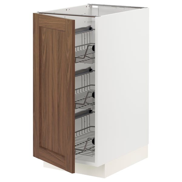 METOD kitchen cabinet with walnut wood door and wire shelves.