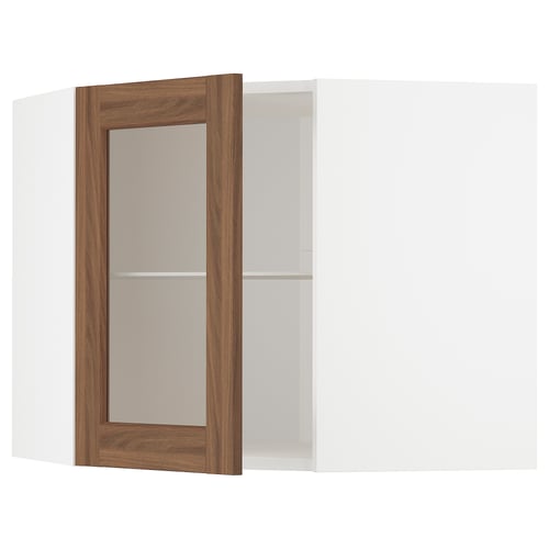 METOD kitchen unit with walnut-grained glass door open, white frames.
