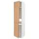 METOD white cabinet with oak doors open, adjustable shelf inside.