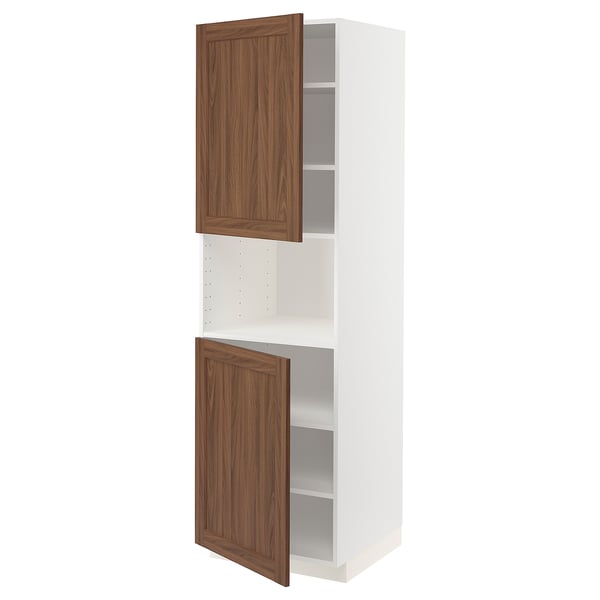 A white METOD kitchen cabinet with walnut-colored doors, featuring a classic design and sturdy construction.