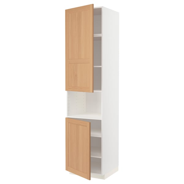 METOD kitchen cabinet in white & oak. Tall, rectangular, two-door design with natural wood finish and adjustable shelves.
