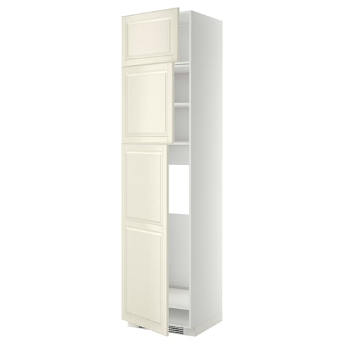 Off-white METOD kitchen cabinet with adjustable shelves, bevelled edges, and nickel-plated hinges.