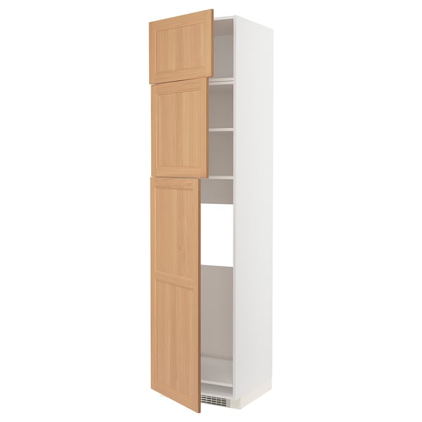 METOD kitchen cabinet in oak with white frame, tall, adjustable shelves.