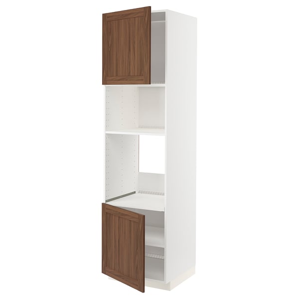 White METOD kitchen cabinet with walnut doors, adjustable shelves.