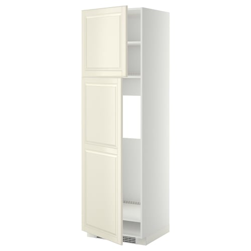 A tall, off-white kitchen cabinet with adjustable shelves, featuring a traditional design with bevelled edges.
