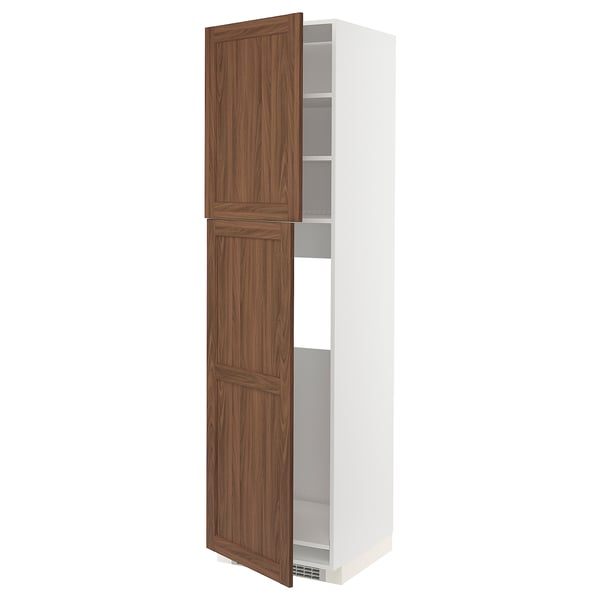 METOD kitchen cabinet, tall, white with walnut doors, adjustable shelves.