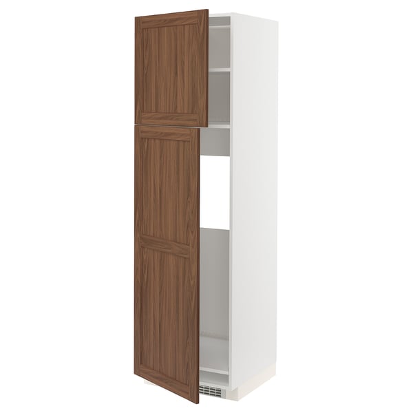 White METOD kitchen cabinet with walnut-colored doors, two adjustable shelves, open.