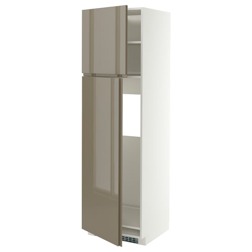 METOD High cabinet for fridge w 2 doors, white/VOXTORP high-gloss dark grey-brown vertical, 60x60x200 cm