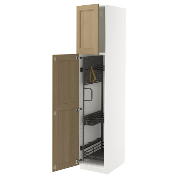 METOD kitchen cabinet in white with oak doors, open showcasing interior organisers.