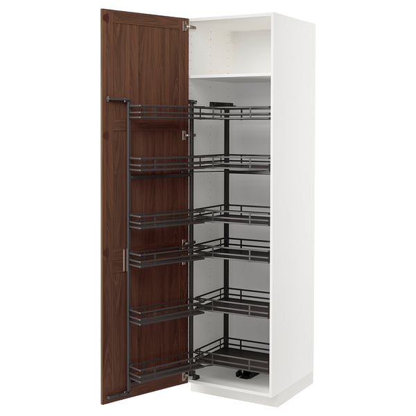 Modern white METOD kitchen cabinet with walnut door, pull-out shelves open.