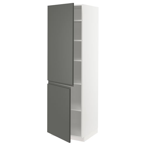 Modern tall cabinet in white with dark grey doors, minimalistic design, two adjustable shelves, square edges.