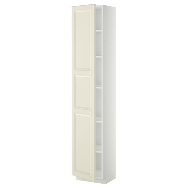 An off-white METOD kitchen cabinet with bevelled edges, tall and rectangular, featuring a door and adjustable shelves.