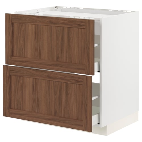 An ikea METOD kitchen cabinet with walnut-colored doors and white frame. It has a classic and warm design with wooden texture.