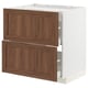 An ikea METOD kitchen cabinet with walnut-colored doors and white frame. It has a classic and warm design with wooden texture.