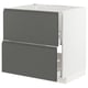 Modern grey kitchen cabinet set with white interior, featuring two drawers and sleek, handle-less design.