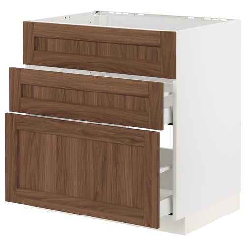 Modern kitchen cabinet: METOD with walnut-wood drawers. White frame, three dark-wood drawers.