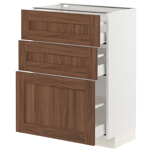 A white METOD kitchen cabinet with walnut-colored drawers, featuring a classic design with subtle wood patterns.