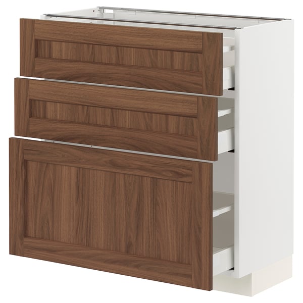 METOD kitchen cabinet, walnut-textured, 3 drawers, sleek and modern.