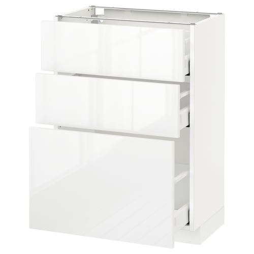 White METOD kitchen cabinet with 3 drawers, glossy finish, clean design.