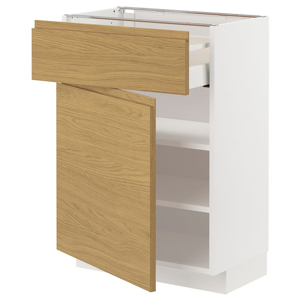 A white METOD kitchen cabinet with oak fronts, featuring a drawer and two shelves.
